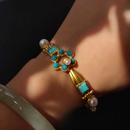Sky Royal® Gold-Plated Brass Bangle with Turquoise and Pearl Accents