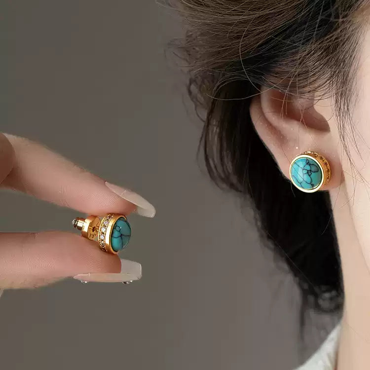 Sky Royal® Retro-Style Turquoise Stud Earrings with Gold Detailing