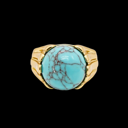 Sky Royal® Tibetan Gold Ring with Round Turquoise Stone Centerpiece