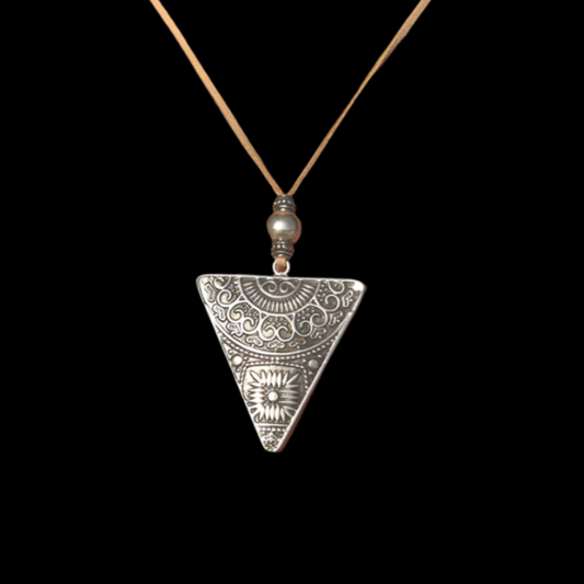 Tibetan Handmade Triangle Pendant Necklace – Vintage Floral Design
