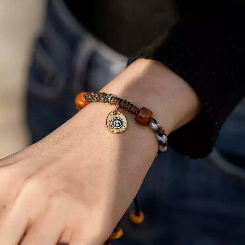 Handwoven Tibetan Yak Bone Bracelet with Sterling Silver and 18K Gold Accents