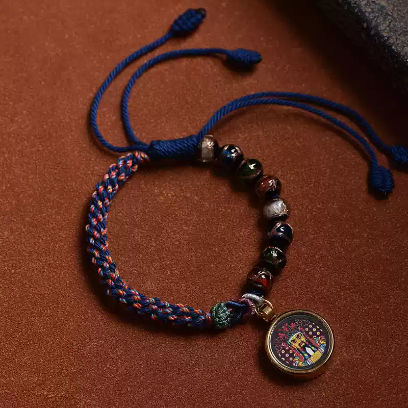 Braids of the Sacred® Tibetan Handwoven Cotton Cord Bracelet with Thangka and Incense Ash Glass Beads