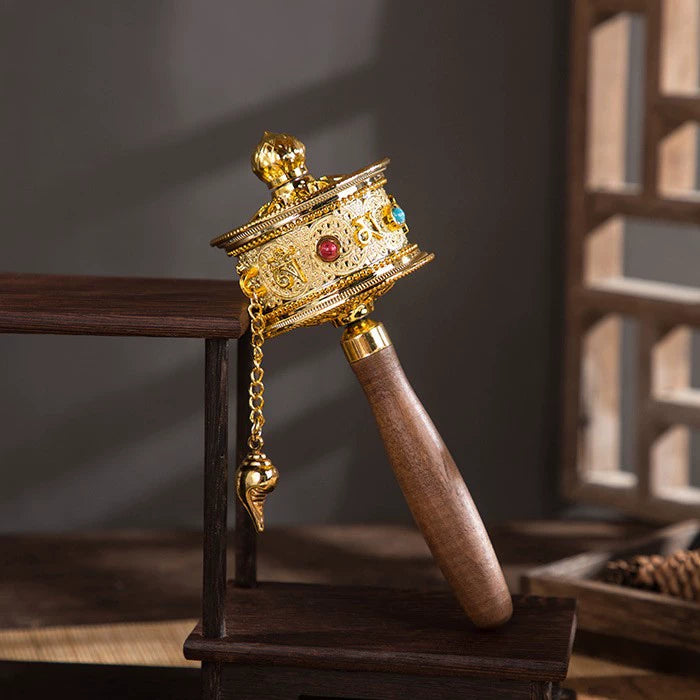 Tibetan Prayer Wheel - Gold-Plated Brass with Mantra Engravings & Wooden Handle