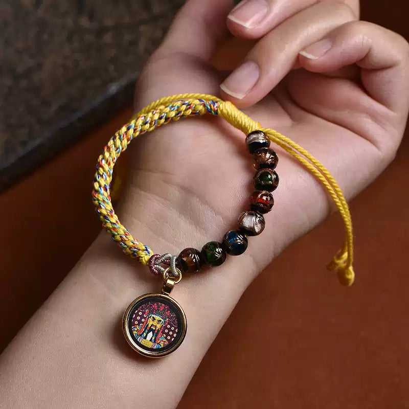 Braids of the Sacred® Tibetan Handwoven Cotton Cord Bracelet with Thangka and Incense Ash Glass Beads