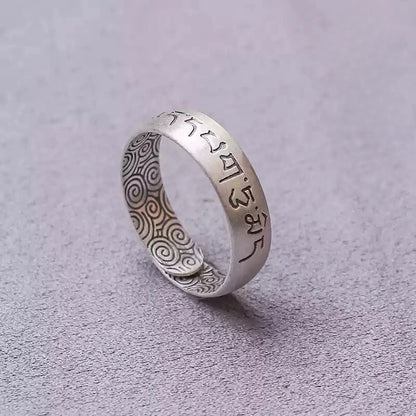 Tibetan Six-Word Mantra Wide Band Ring in Pure 999 Silver