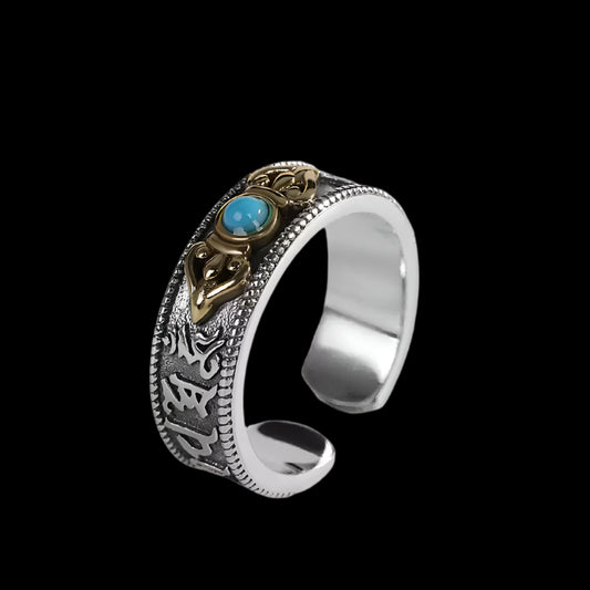 Tibetan Vajra Ring in Sterling Silver with Turquoise Inlay