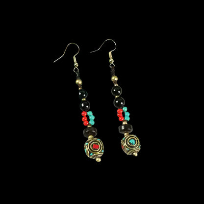 Sangye Circuit® Tibetan Turquoise & Coral Long Earrings with Brass Beads