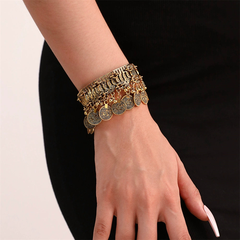 Tibetan Coin Motif Bracelet with Antique Gold Finish