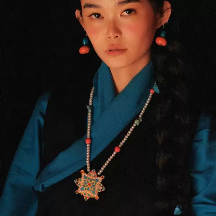 Tibetan Gau Box Pendant Necklace with Pearl, Turquoise & Carnelian