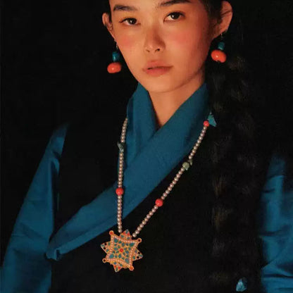 Tibetan Gau Box Pendant Necklace with Pearl, Turquoise & Carnelian