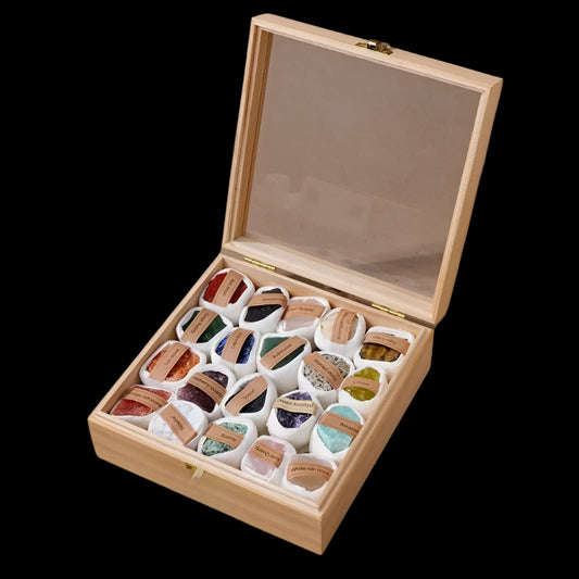 20-Piece Raw Crystal Collection in Wooden Display Box for Healing