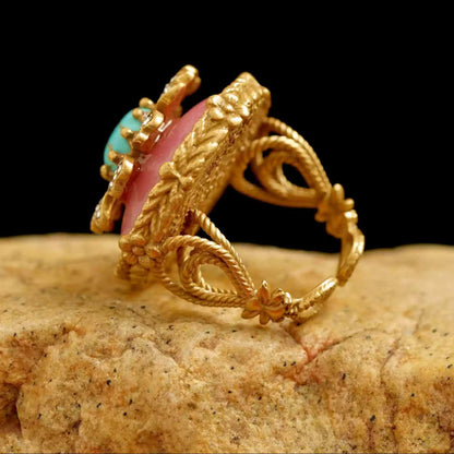 Tibetan Handcrafted Agate and Enamel Ring – Intricate Natural Stone and Traditional Enamel Work