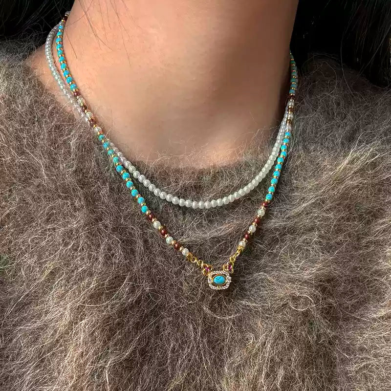 Handmade Turquoise & Pearl Beaded Necklace with Gold Accents