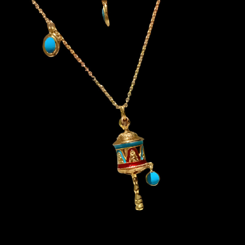 Turquoise Enamel Prayer Wheel Necklace with Gold Accents