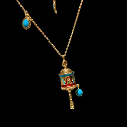 Turquoise Enamel Prayer Wheel Necklace with Gold Accents