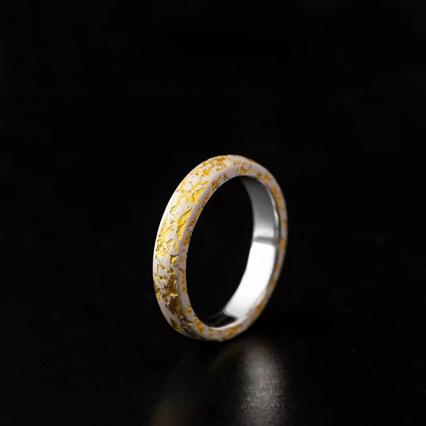 Tibetan Silver Ring with Gold Leaf Inlay & Stone Texture Design
