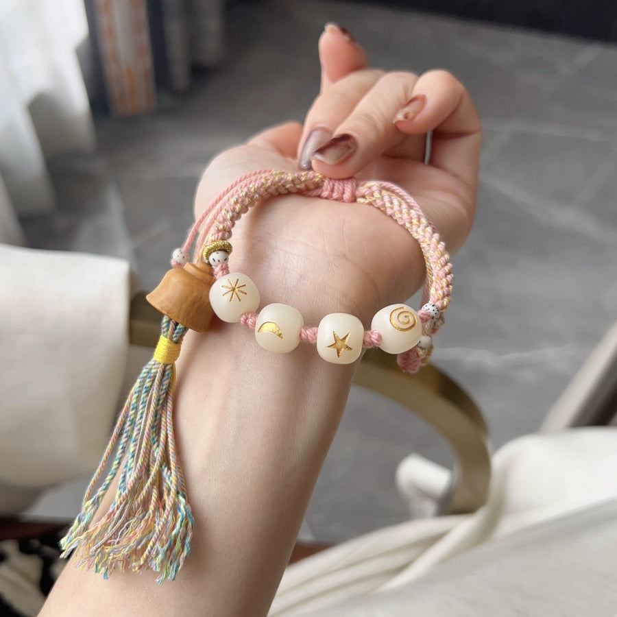Funky Punky® White Bodhi Bead Bracelet with Sandalwood Bell and Celestial Motifs