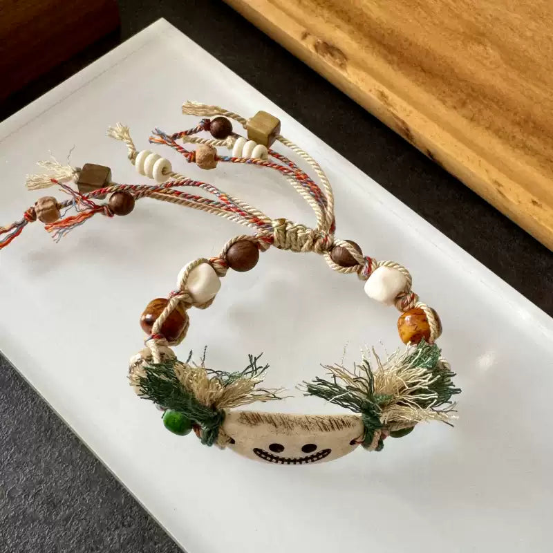 Funky Punky® Tibetan Smiling Face Bracelet with Carved Bone, Bodhi & Green Sandalwood