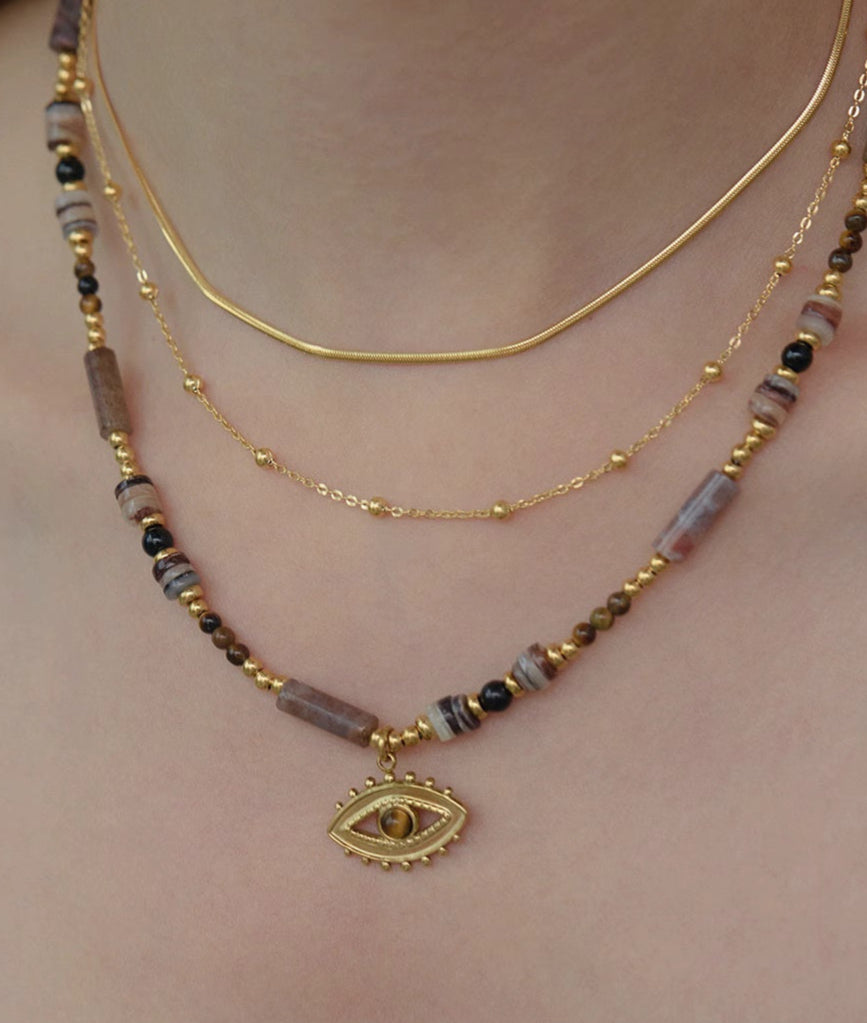 Radiant Grain® Tiger Eye Stone Seed Bead Necklace with Eye Pendant