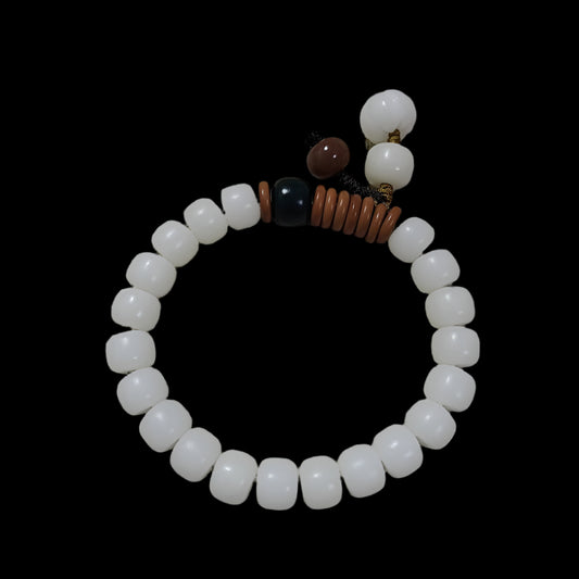 Tibetan White Bodhi Seed Bracelet with Jade & Ceramic Charms