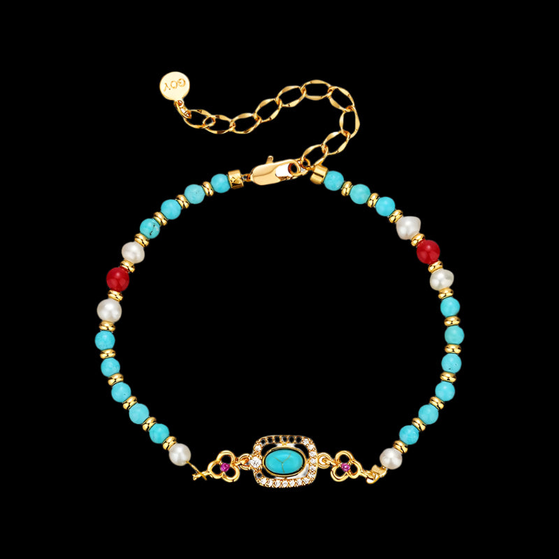 Turquoise & Pearl Small Bead Bracelet with Gold Accents