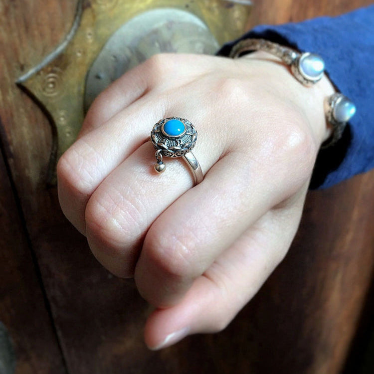 Tibetan Silver Mantra Ring with Lotus & Turquoise Inlay