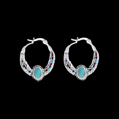 Tibetan Turquoise Hoop Earrings with Enamel Feather & Silver Detail