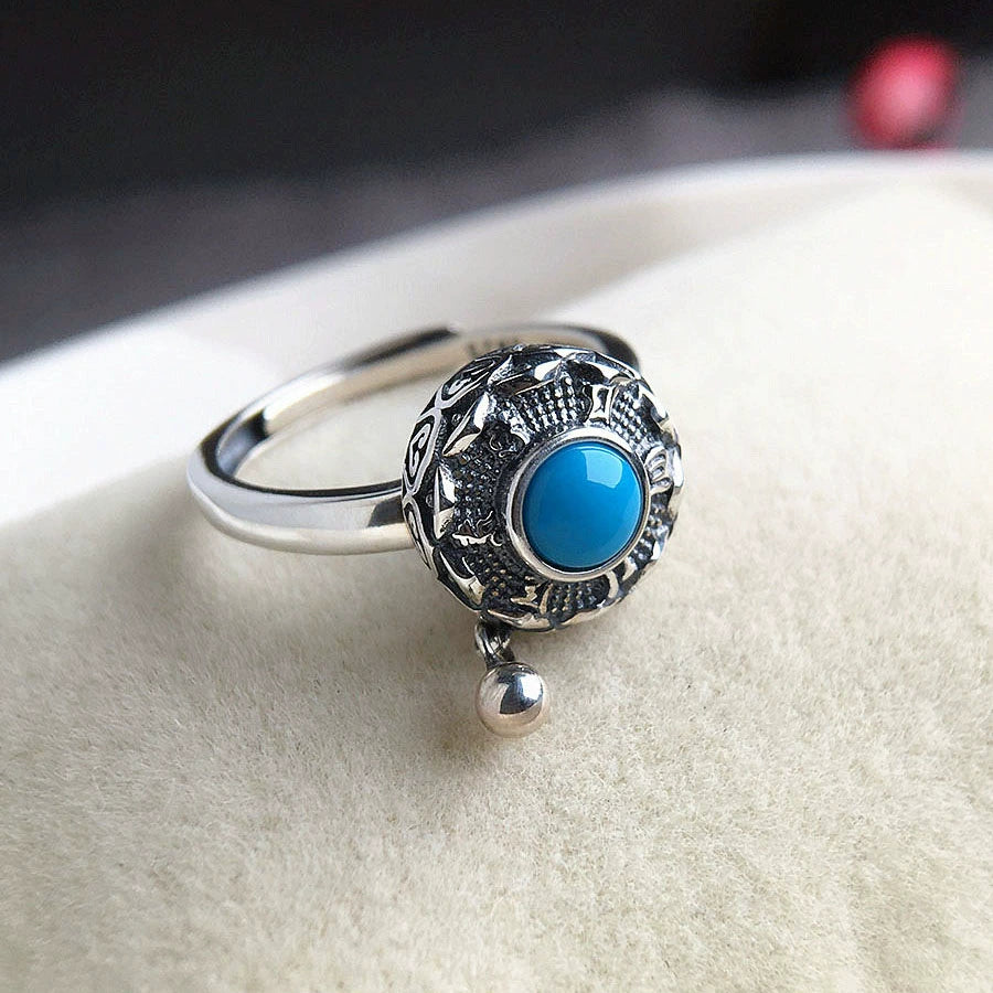 Tibetan Silver Mantra Ring with Lotus & Turquoise Inlay