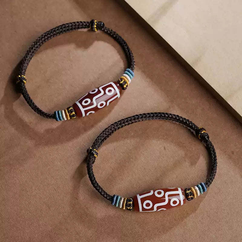 Nine-Eyed Dzi Bead Bracelet with Natural Agate