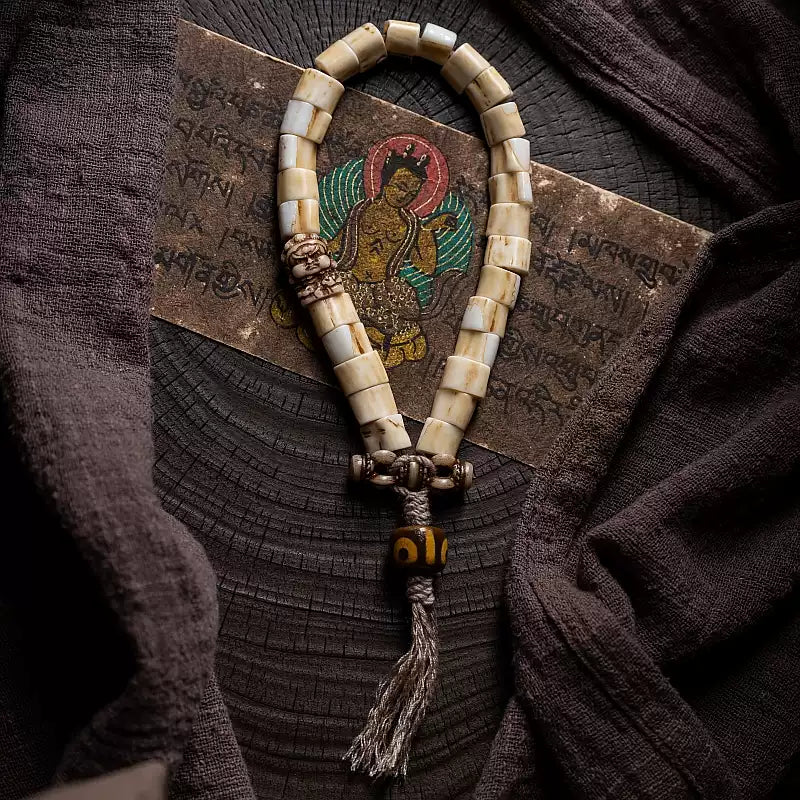 Tibetan Antler and Yak Bone Wrist Mala with Dzi Bead