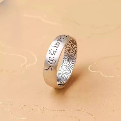 Tibetan Six-Word Mantra Wide Band Ring in Pure 999 Silver