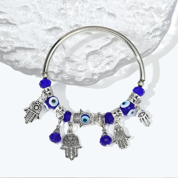 Silver Evil Eye & Hamsa Charm Bracelet with Blue Glass Beads
