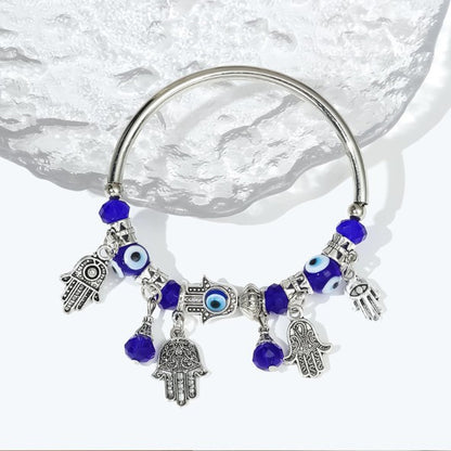 Silver Evil Eye & Hamsa Charm Bracelet with Blue Glass Beads
