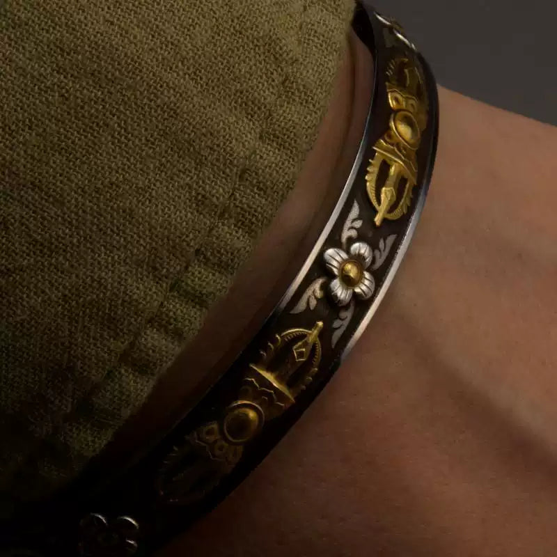 Tibetan Vajra Cuff Bracelet in Silver-Plated Copper with Inlay