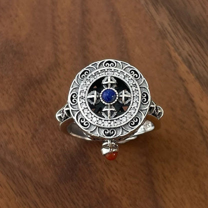 Tibetan Silver Incense Burner Ring with Carnelian & Spin Feature