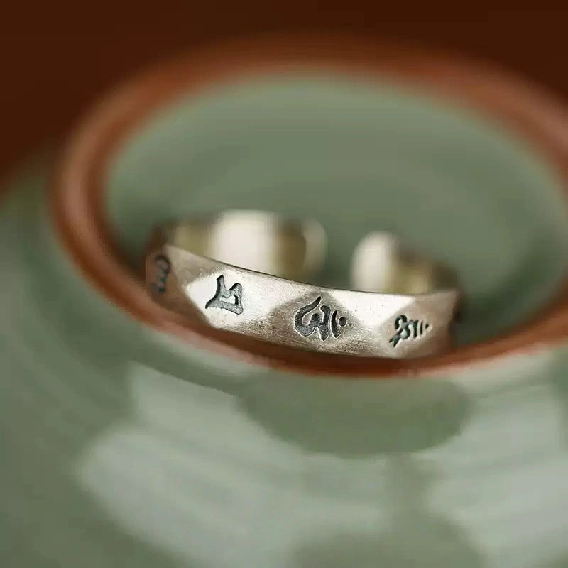 Tibetan Six-Word Mantra Open Ring in Aged Sterling Silver