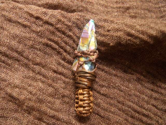 Handcrafted Natural Electroplated Quartz Crystal Pendant with Twisted Rope Netting