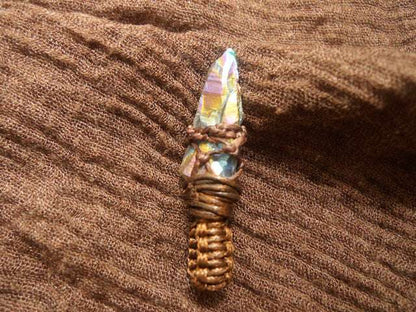 Handcrafted Natural Electroplated Quartz Crystal Pendant with Twisted Rope Netting