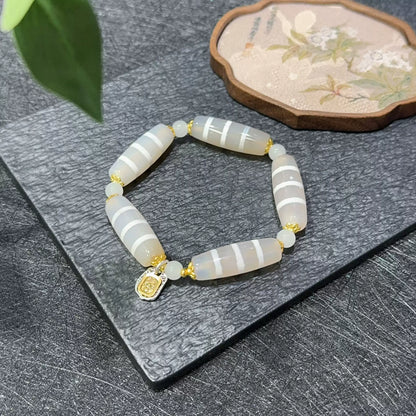 White Omen® Tibetan Three-Line Dzi Agate Bracelet with Gold Charm