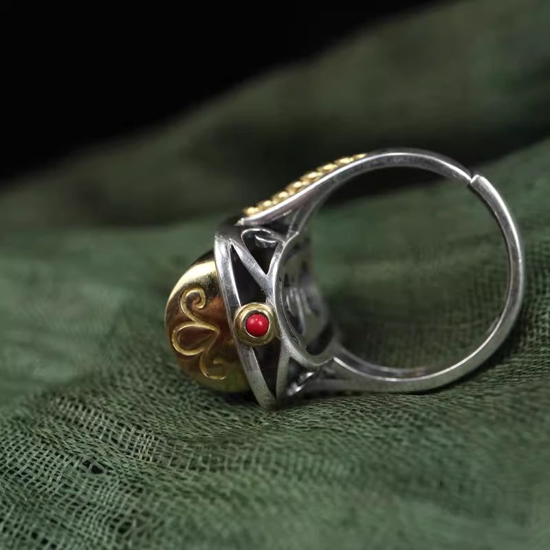 Tibetan Dzi Bead Ring – Unisex Silver Ring with Sacred Symbol for Protection and Prosperity Product Overview