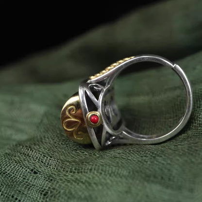 Tibetan Dzi Bead Ring – Unisex Silver Ring with Sacred Symbol for Protection and Prosperity Product Overview
