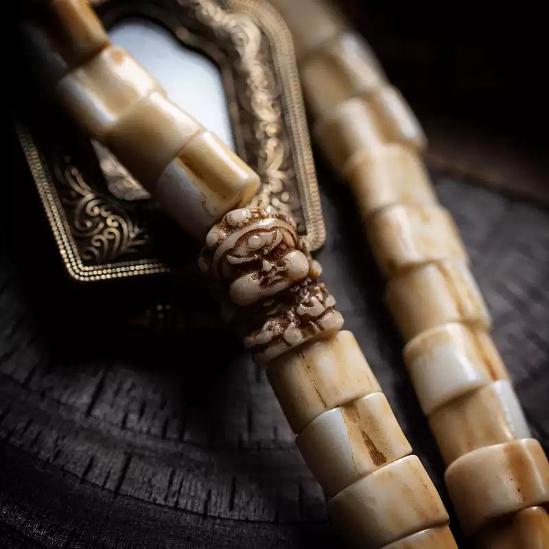 Tibetan Antler and Yak Bone Wrist Mala with Dzi Bead