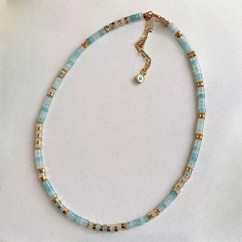 Handmade Aquamarine Small Bead Necklace with Gold Accents