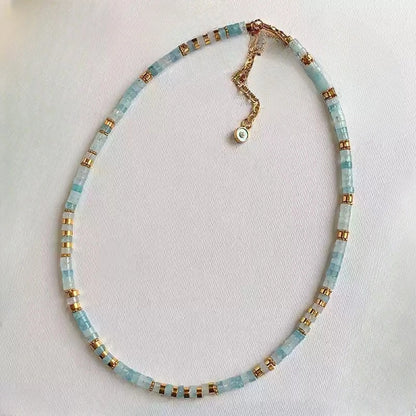 Handmade Aquamarine Small Bead Necklace with Gold Accents