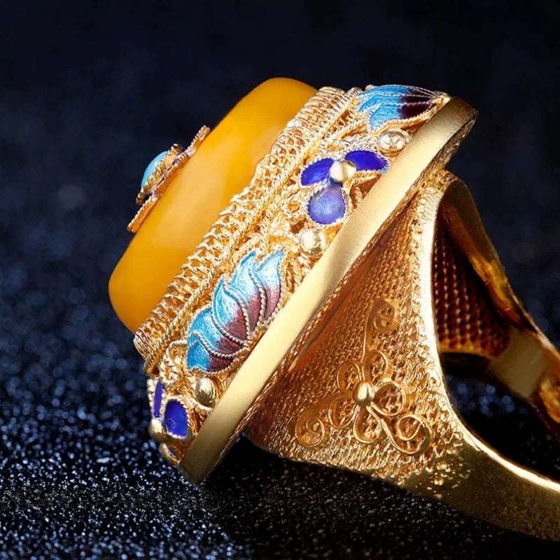Heritage Handcrafted Silver Flower Silk Inlaid Yellow Amber S925 Silver Ring