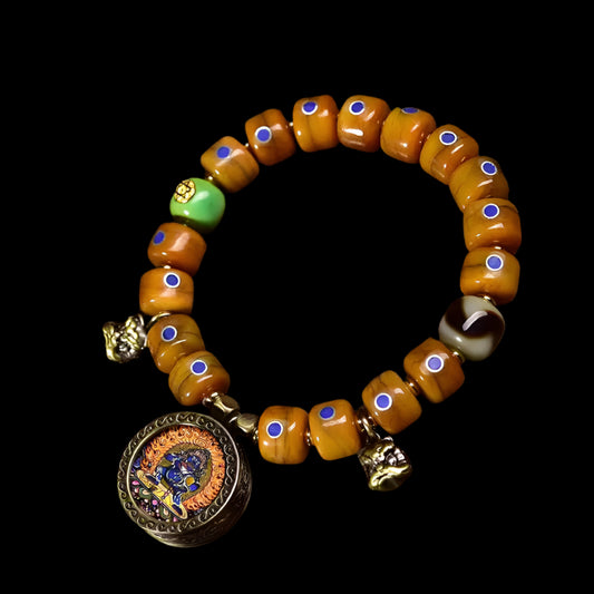 Tibetan Yak Bone Bracelet with Lapis Inlay and Protector Thangka Pendant