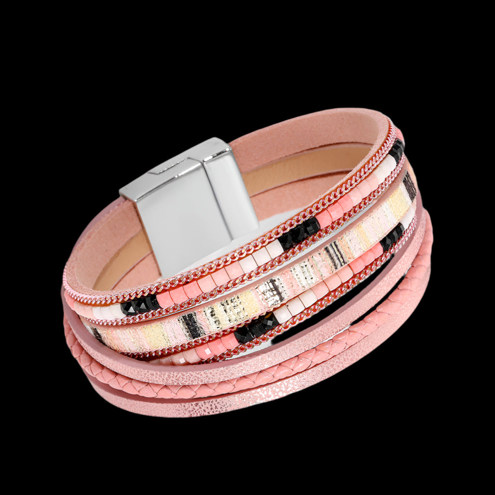 Bohemian Woven Leather Wrap Bracelet with Magnetic Clasp