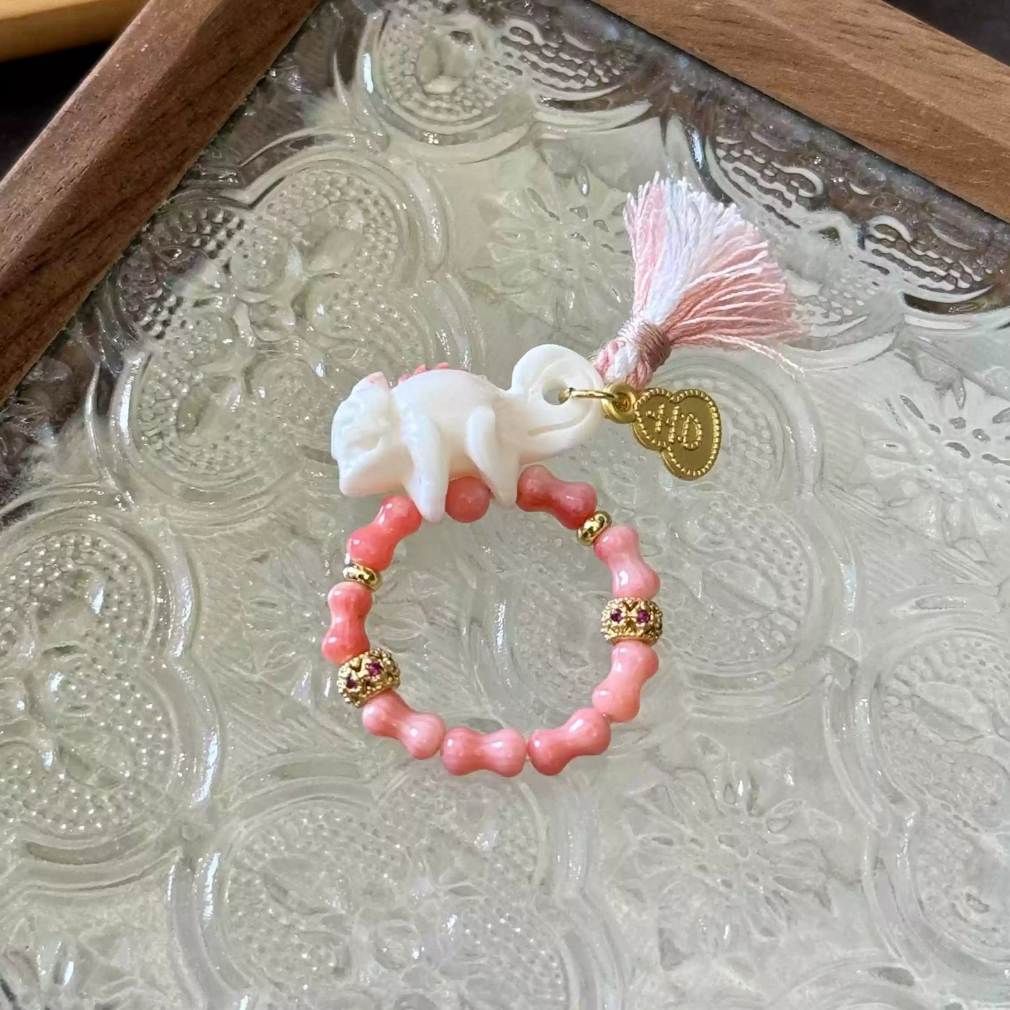 Funky Punky® Pink Bamboo Coral Ring with Carved Bone Lizard Charm