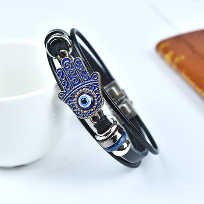 Leather Evil Eye Bracelet with Hamsa Hand – Adjustable Protection
