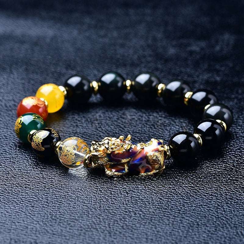 Natural Black Agate Five Wealth Gods Chakra Bracelet with Color-Changing Pixiu
